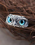Owl of Good Luck Adjustable Ring in Silver and Opal