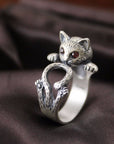 Adjustable Hand Painted Cat Ring in 925 Sterling Silver