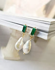 Luxurious Gold Earrings with Pearls and Green Zirconia