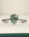 Moss Agate Stone Drop Silver Ring