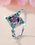 Green & Violet Round Zirconia Silver Ring