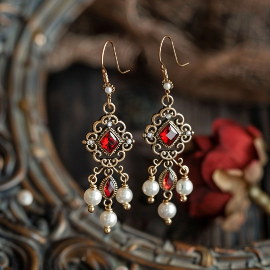 Red Crystal &amp; Pearl Earrings