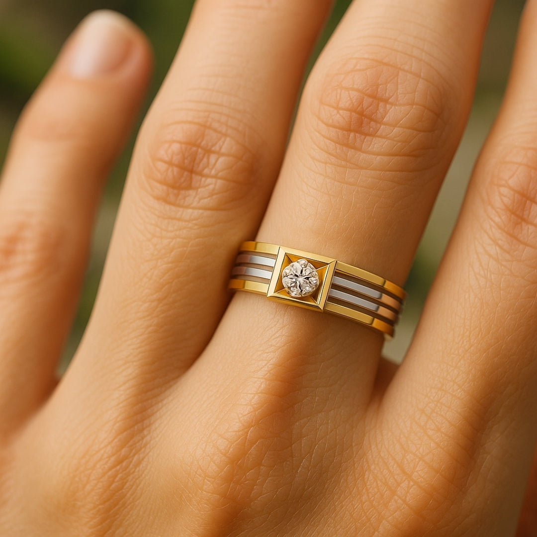Inlaid Rounded Crystal Gold &amp; Silver Ring