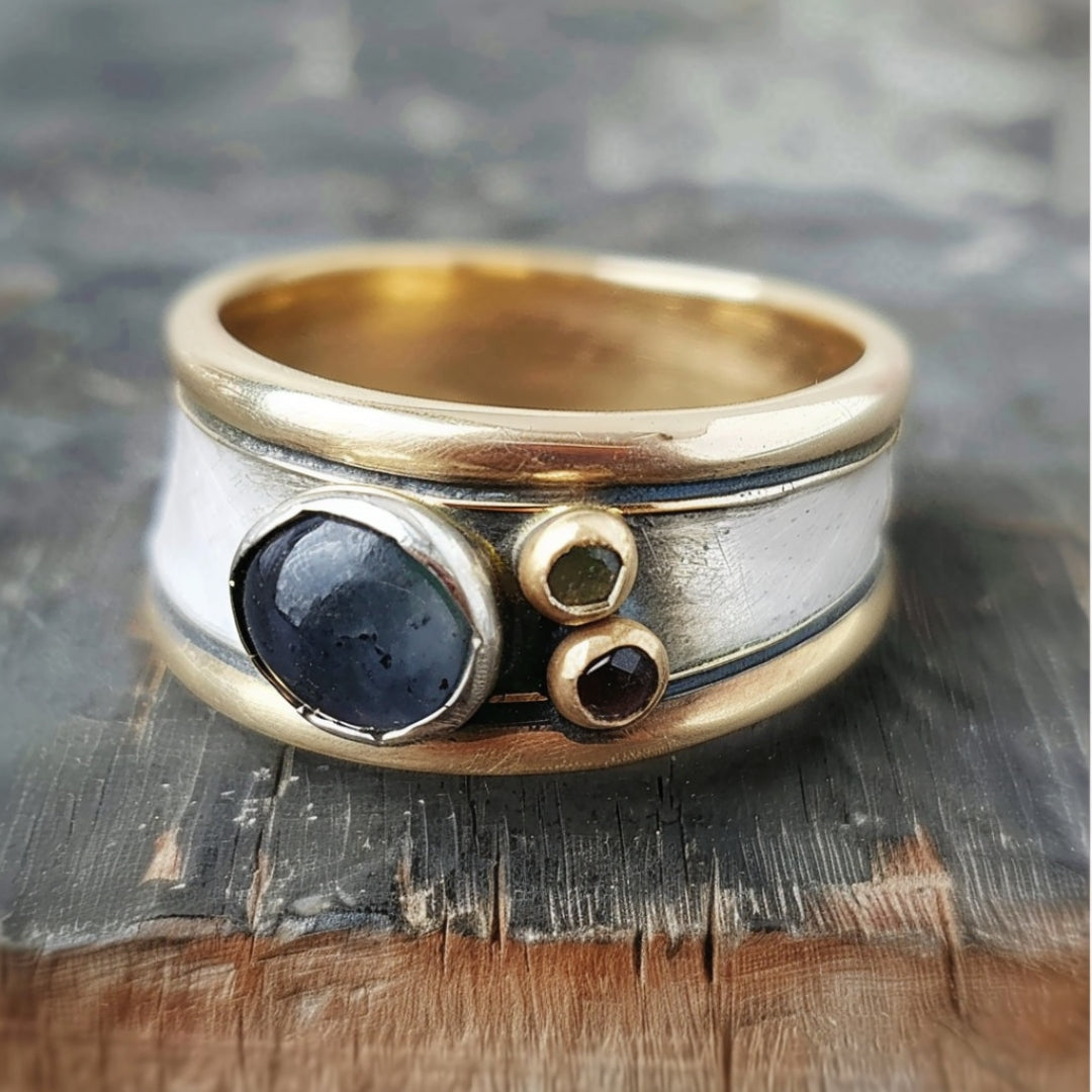 Gold &amp; Silver Inlaid Blue Stone Ring