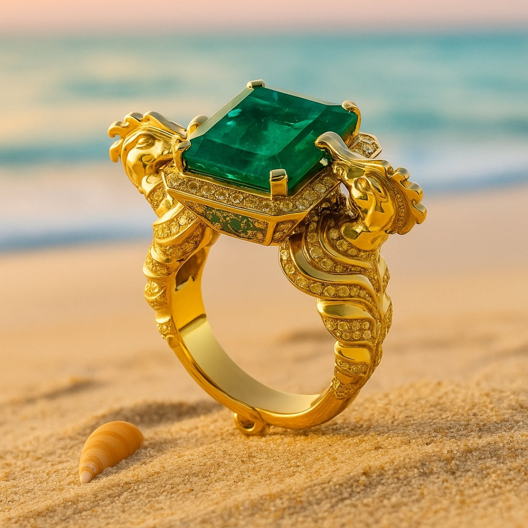 Emerald Seahorse Golden Ring