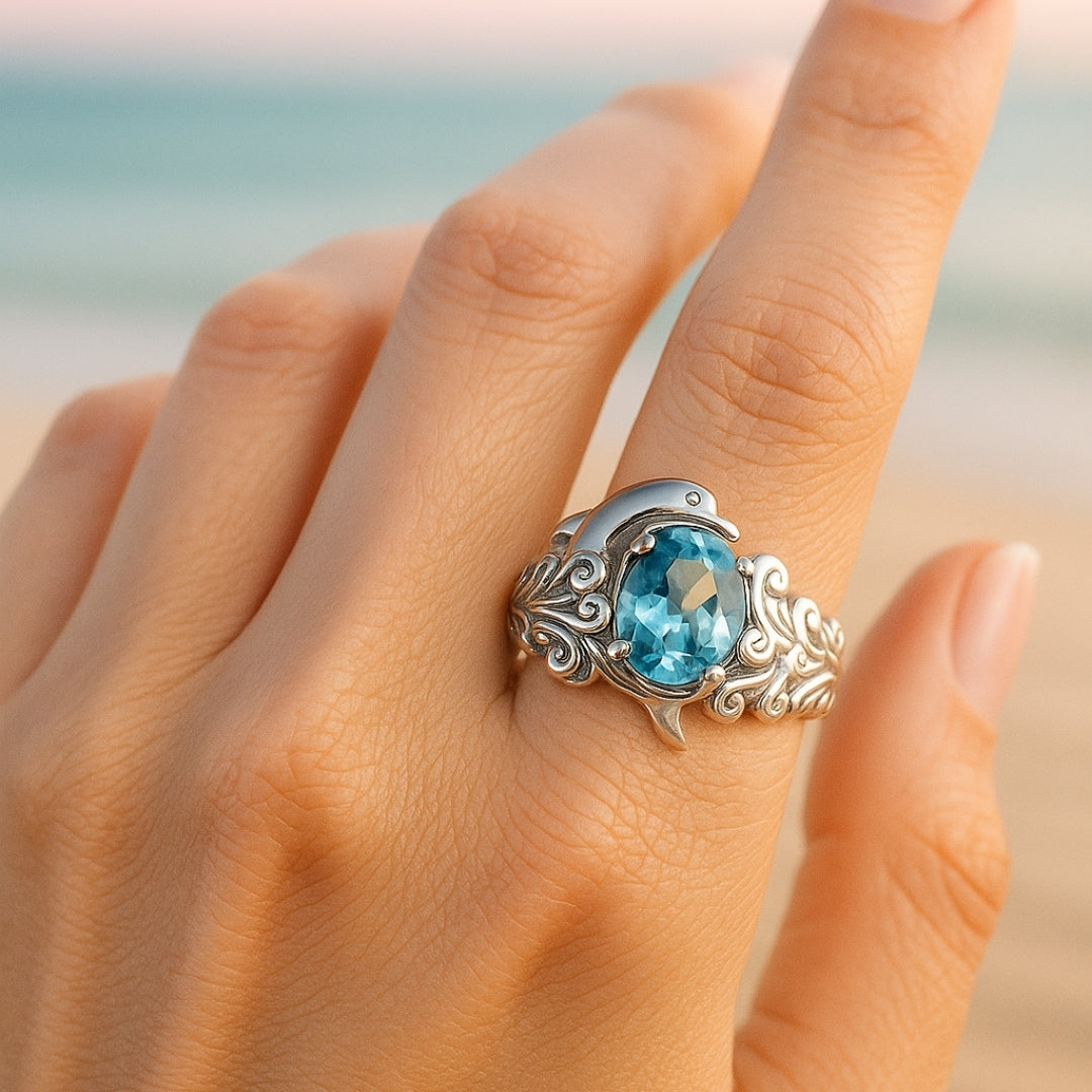Dolphin Blue Crystal Silvered Ring