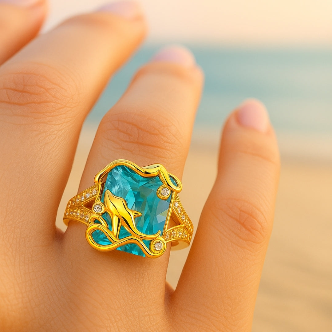 Dolphin Blue Crystal Gold Ring