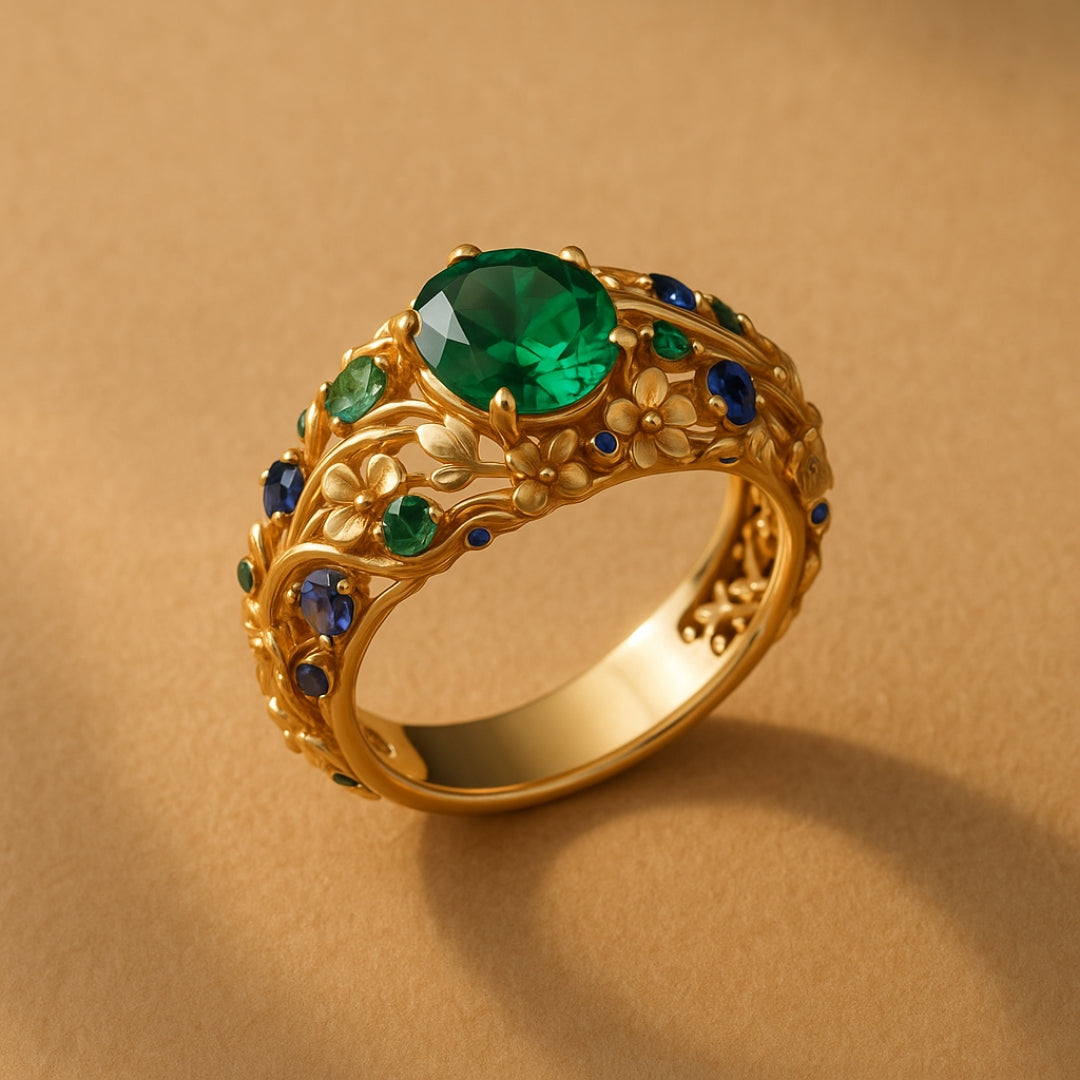 Green &amp; Blue Crystal Gold Ring