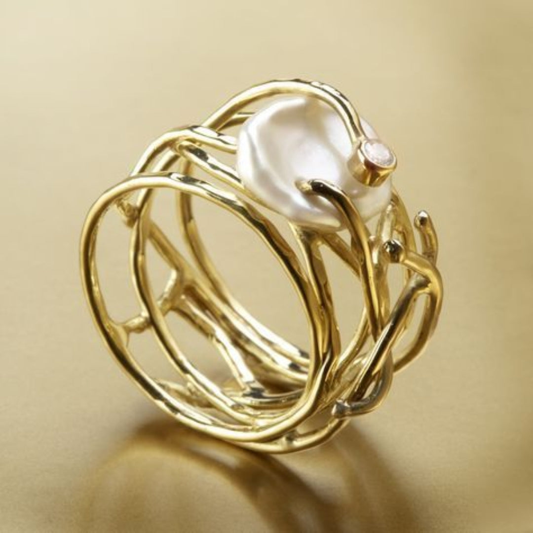 Vintage Thin Golden &amp; Pearl Ring