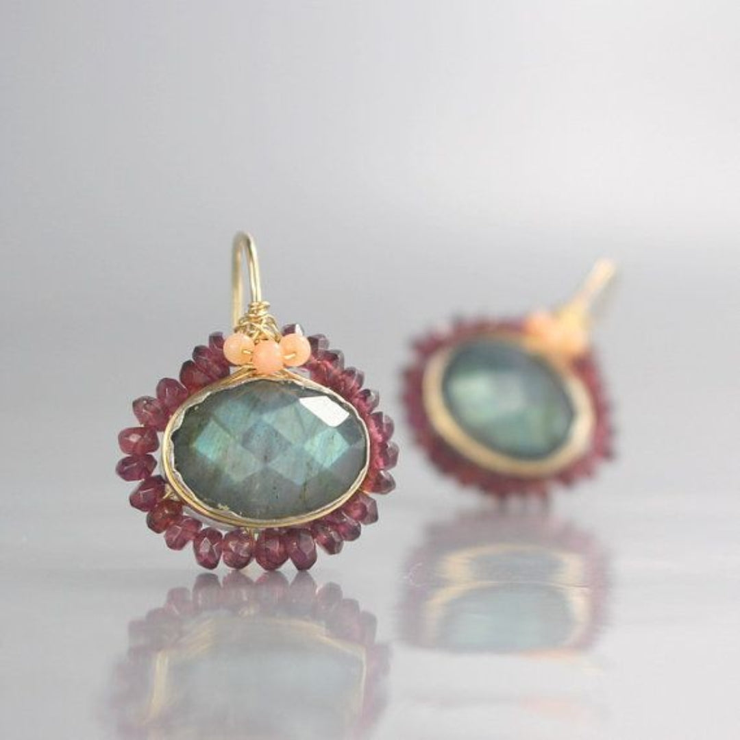 Vintage Inlaid Green &amp; Red Stone Earrings