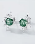 Moss Agate Silver Leaf Stud Earrings
