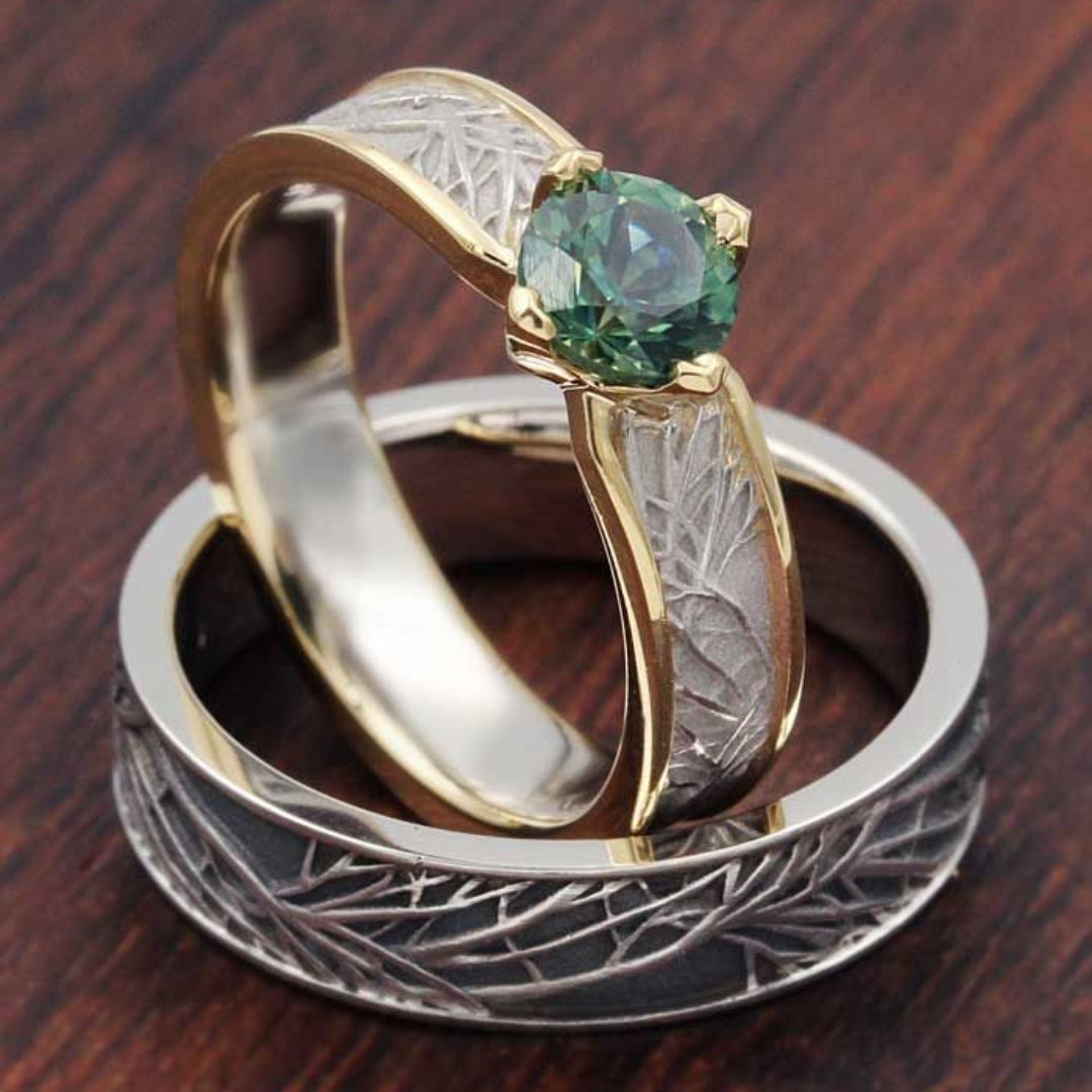 Green Zirconia Nature Gold &amp; Silver Ring Set