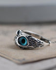 Owl of Good Luck Adjustable Ring in Silver and Opal