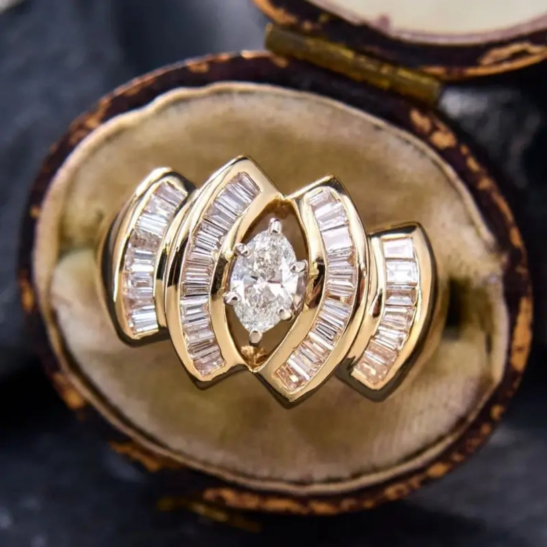 Golden Inlaid Oval Glass &amp; Zirconia Ring