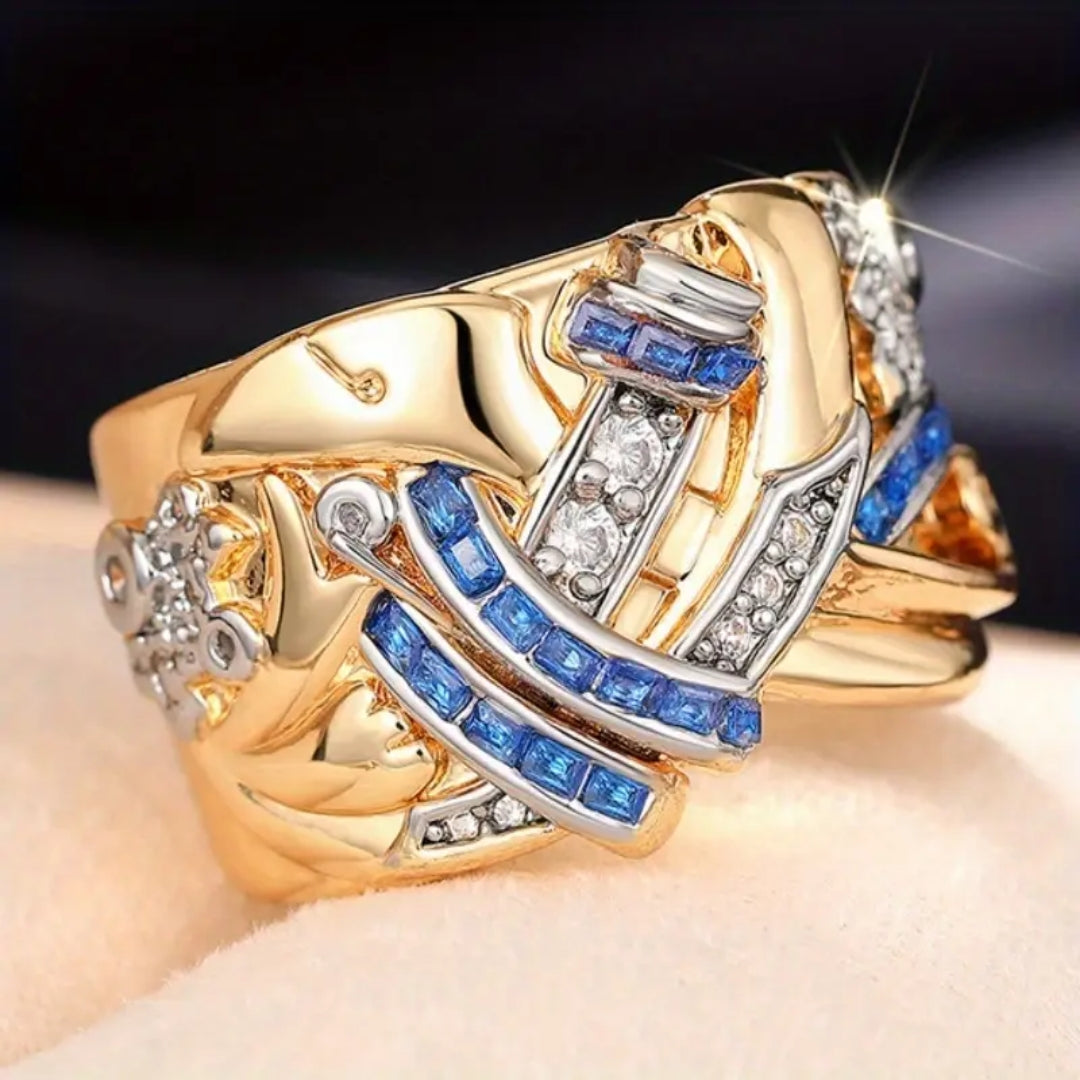Irregular Blue &amp; White Crystal Golden Ring