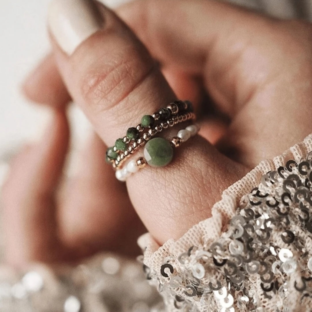 Green Stone &amp; Pearl Ring Set