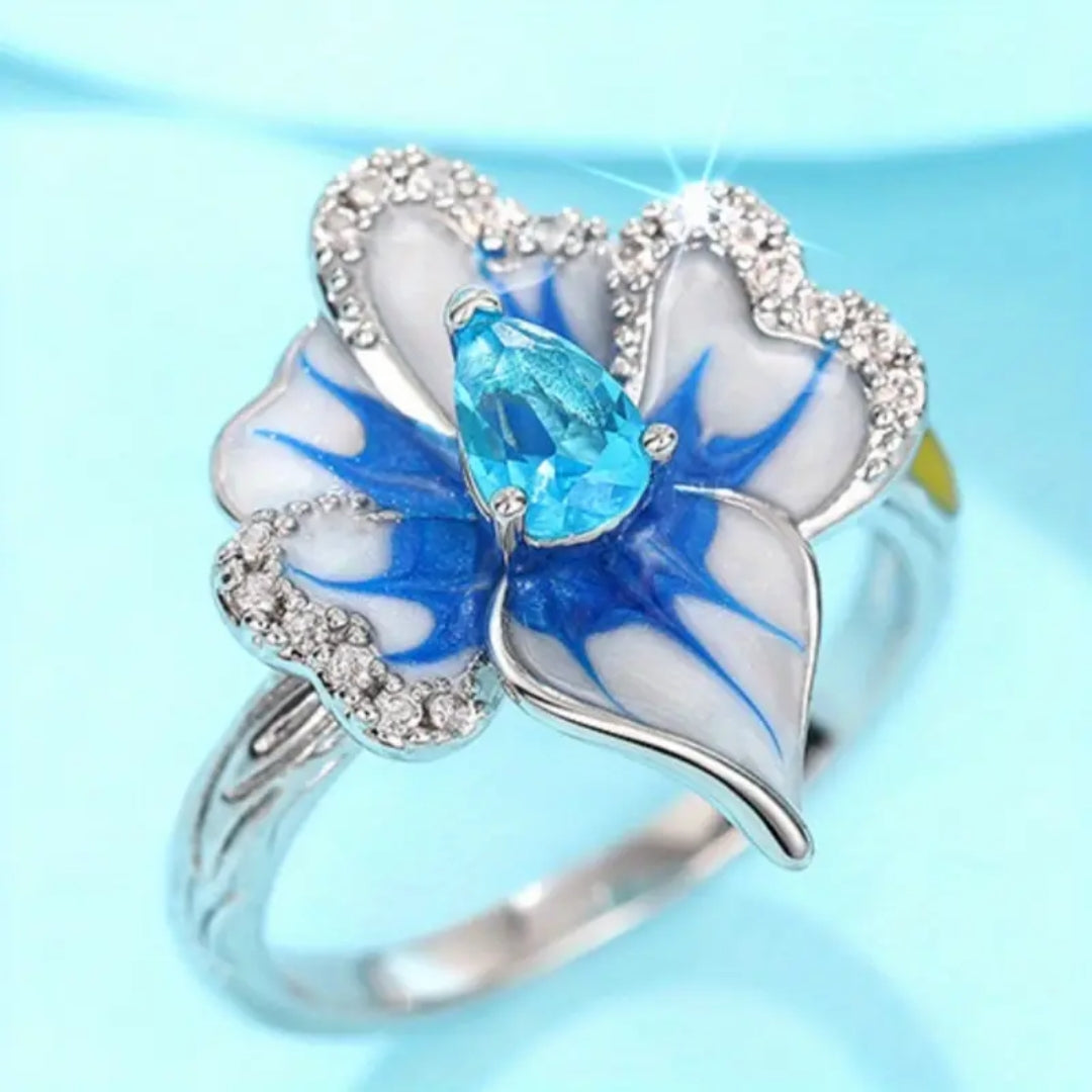Blue &amp; White Lotus Crystal Ring