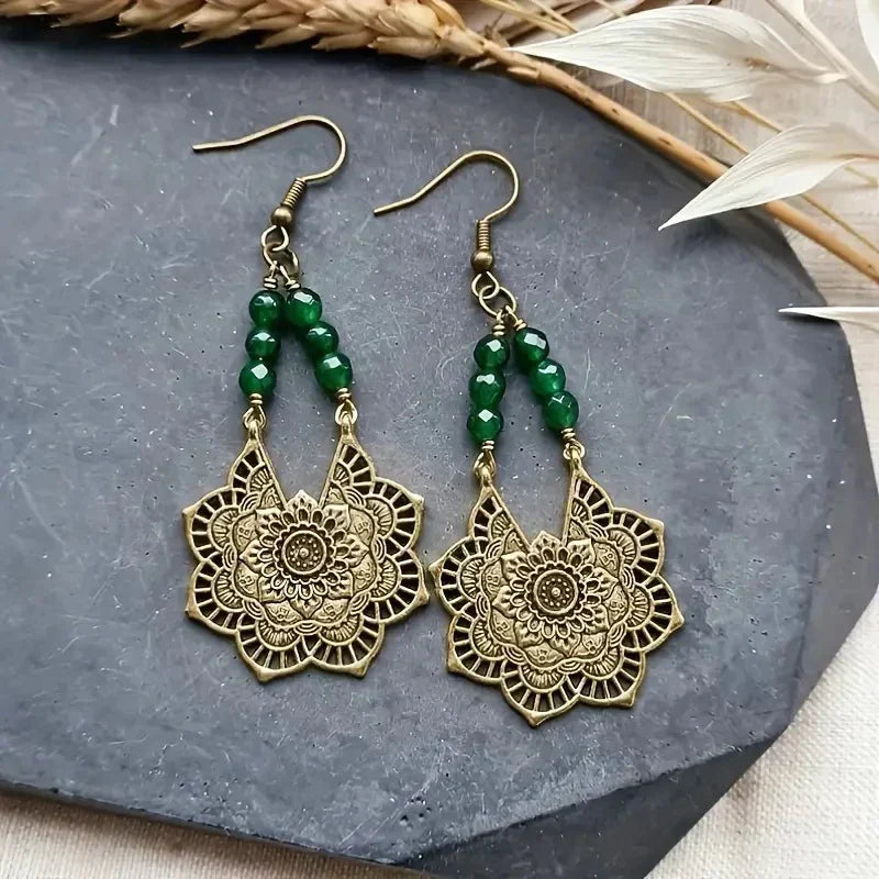 Vintage Golden &amp; Green Mandala Earrings