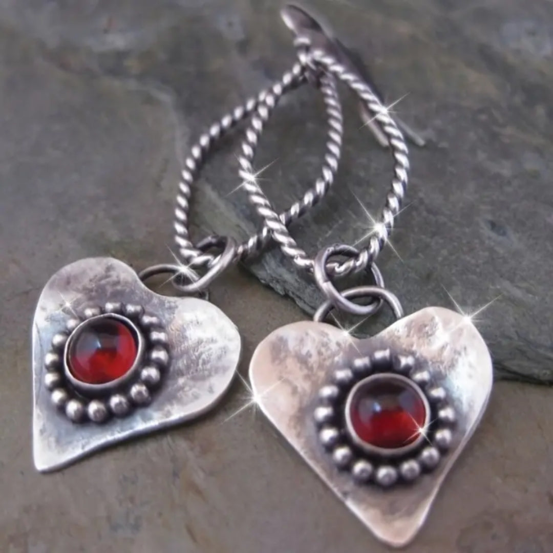 Heart &amp; Red Glass Silver Earrings