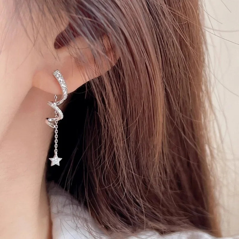 Silver Dangling Star Zirconia Earrings