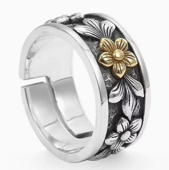 Flower Gold Heart Silver Ring