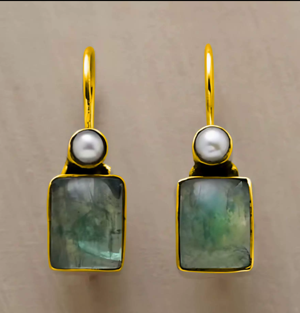 Vintage Green Stone Inlaid Pearl Earrings