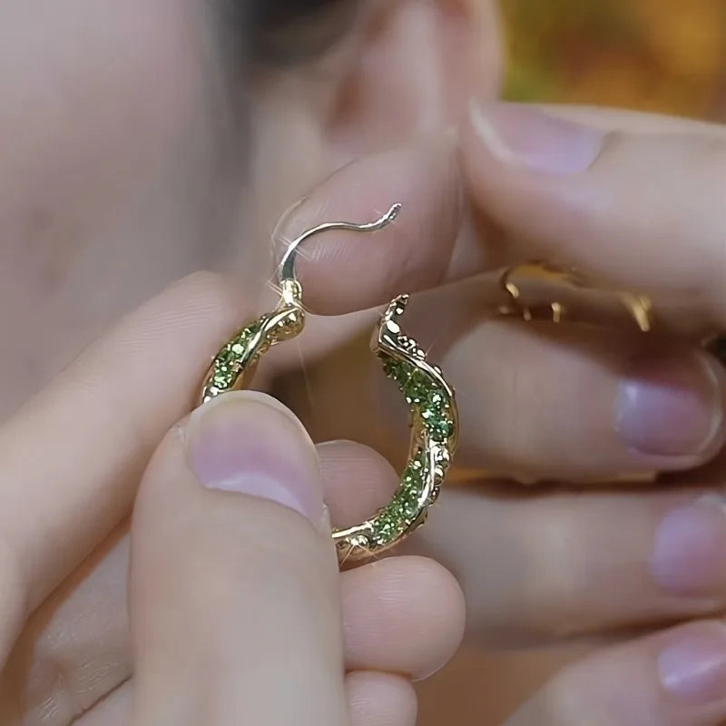 Elegant Twisted Green Zirconia Hoop Earrings