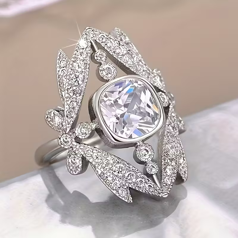 Silver Leaf Halo Ring