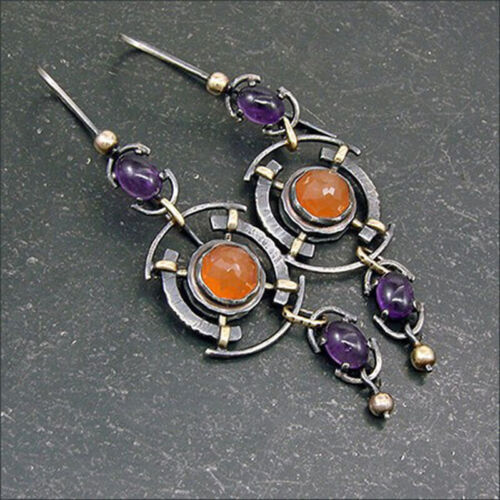 Vintage Purple &amp; Orange Crystals Silver Earrings
