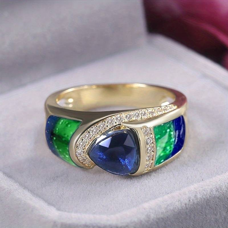 Vintage Gold Zirconia Blue &amp; Green Ring