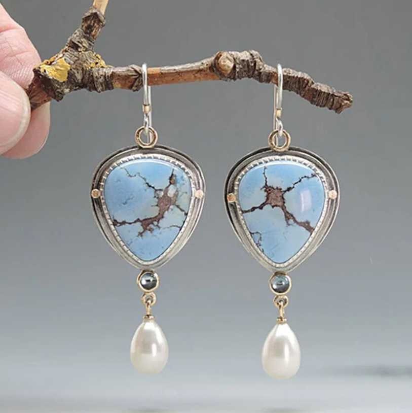 Vintage Blue &amp; Pearl Stone Earrings