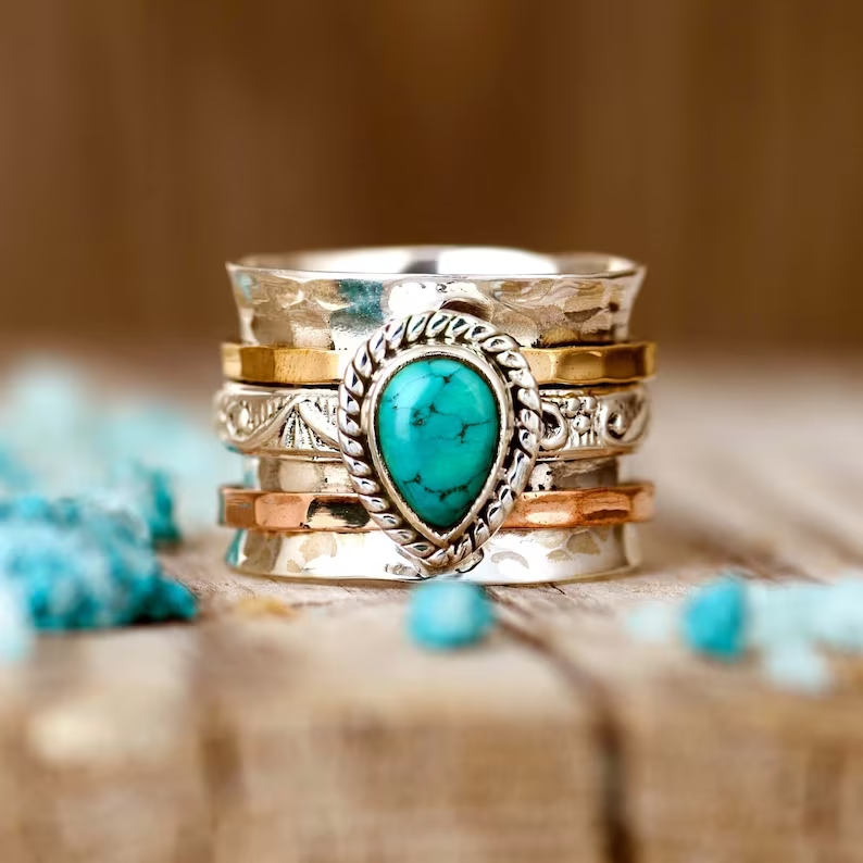 Vintage Turquoise Inlaid Stone Gold &amp; Silver Ring