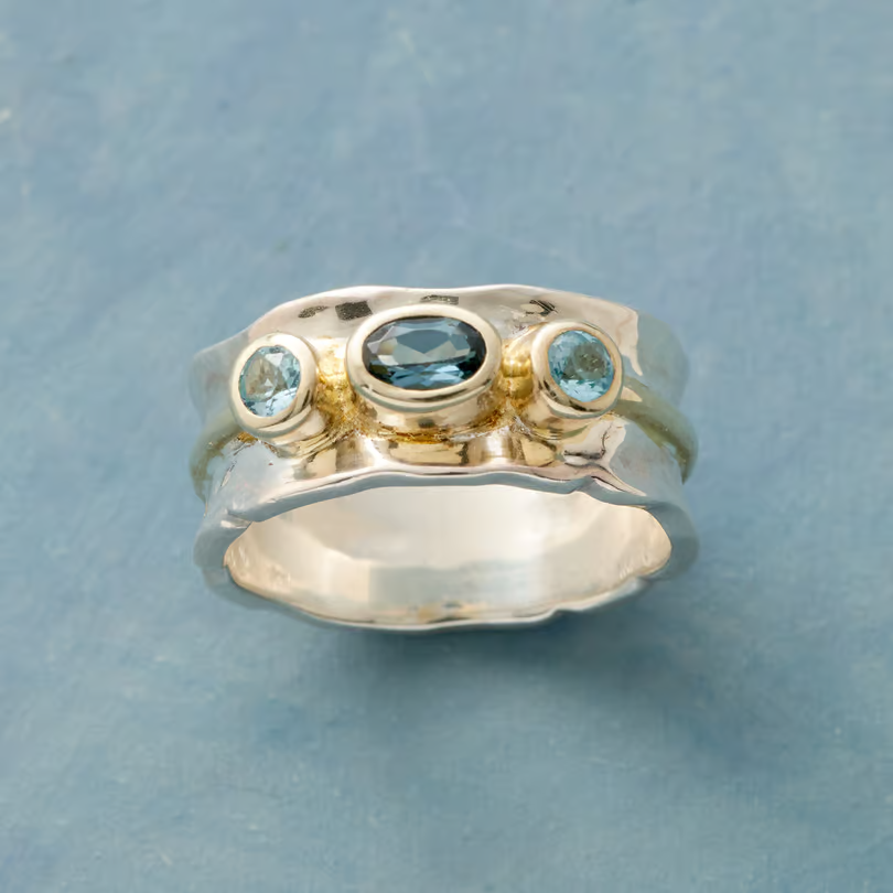 Vintage Blue Inlaid Stones Golden &amp; Silver Ring