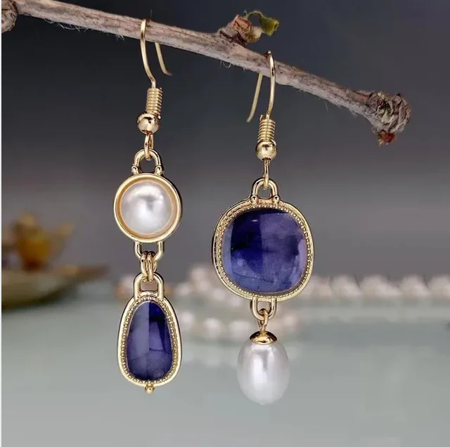 Vintage Blue Stone &amp; Pearl Gold Earrings