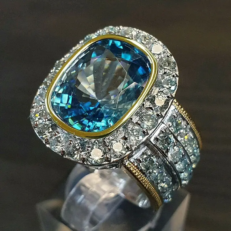 Vintage Blue Glass Bright Gold &amp; Silver Ring