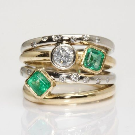 Vintage Layered Silver &amp; Gold Green Crystal Ring