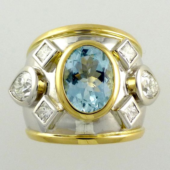 Vintage Blue Inlaid Glass Golden &amp; Silver Ring