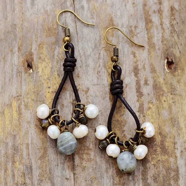 Vintage Dangling Leather &amp; Stones Earrings
