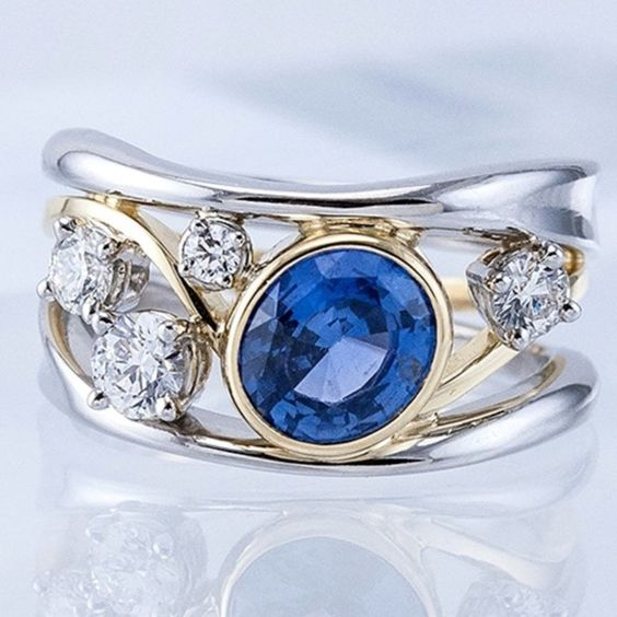 Vintage Blue Glass Gold &amp; Silver Zirconia Ring