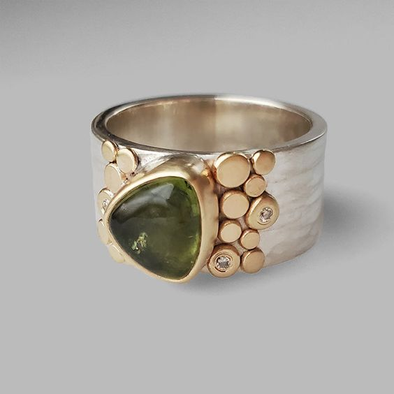 Vintage Green Olive Glass Gold &amp; Silver Ring
