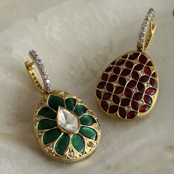 Vintage Green &amp; Red Drop Golden Earrings