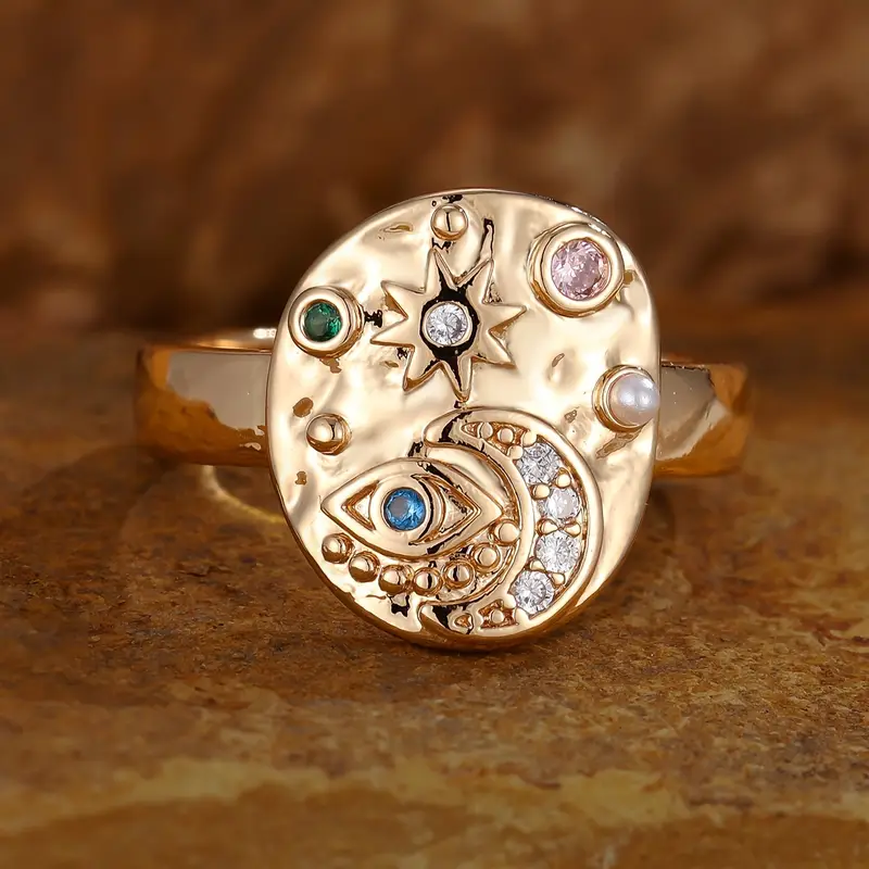 Vintage Sun &amp; Moon Crystal Gold Ring
