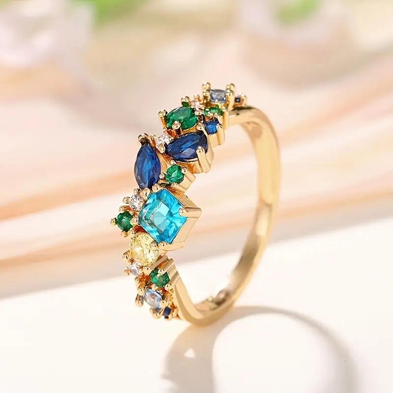 Blue &amp; Green Floral Gold Ring