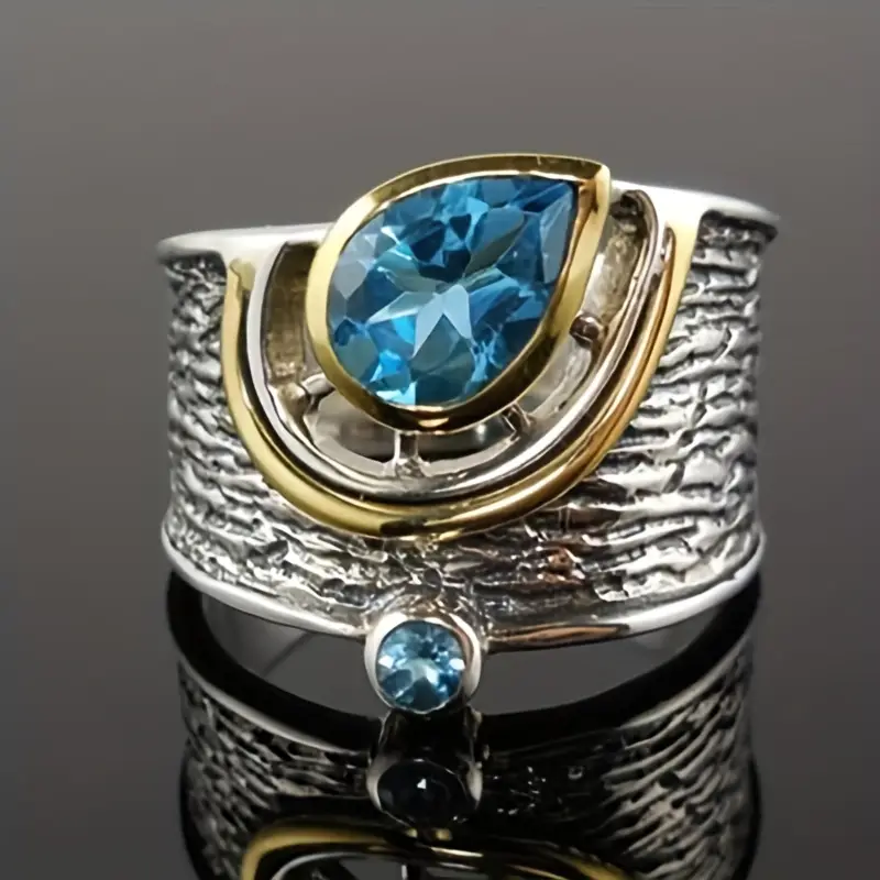 Vintage Blue Inlaid Drop Silver &amp; Gold Ring