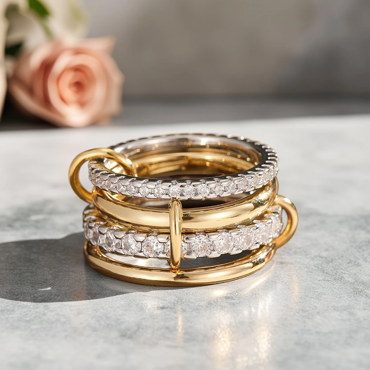Layered Gold &amp; Silver Zirconia Ring