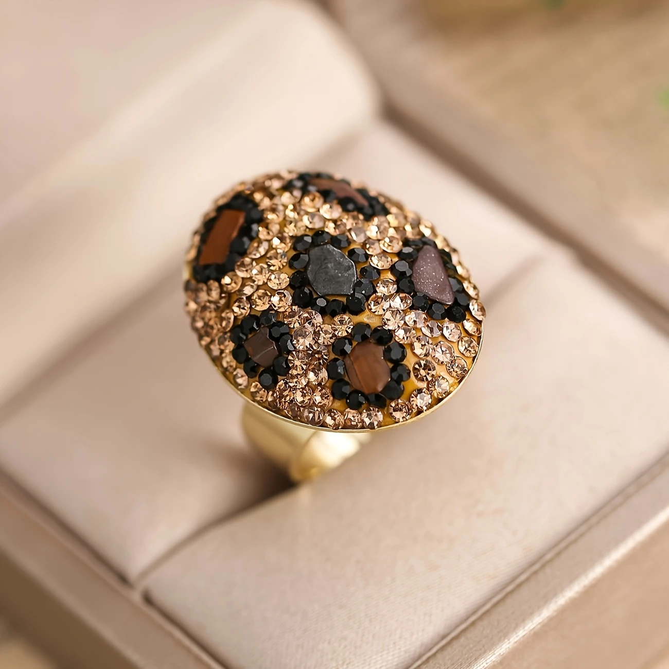 Rounded Inlaid Dark &amp; White Glass Ring