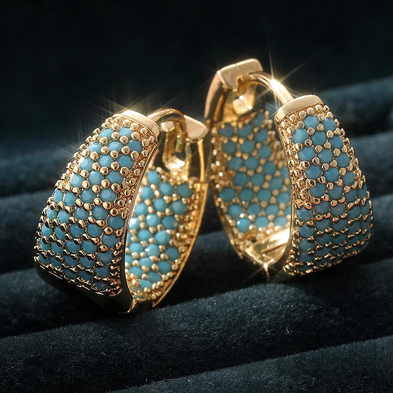 Blue Inlaid Stones Hoop Earrings