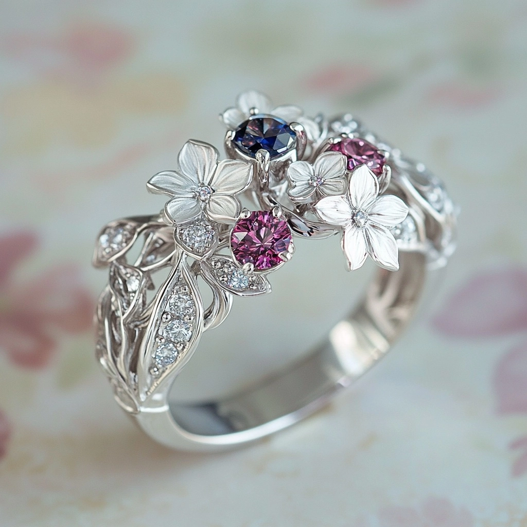 Silvered Floral Red &amp; Blue Crystal Ring