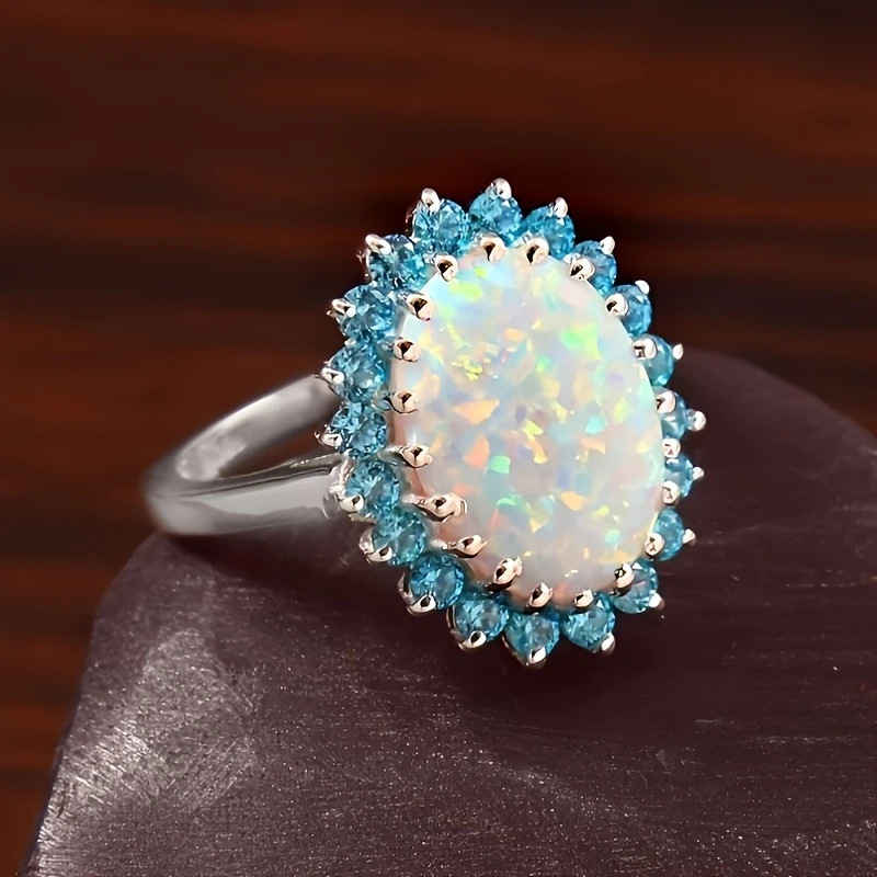 Rounded Blue &amp; White Opal Ring