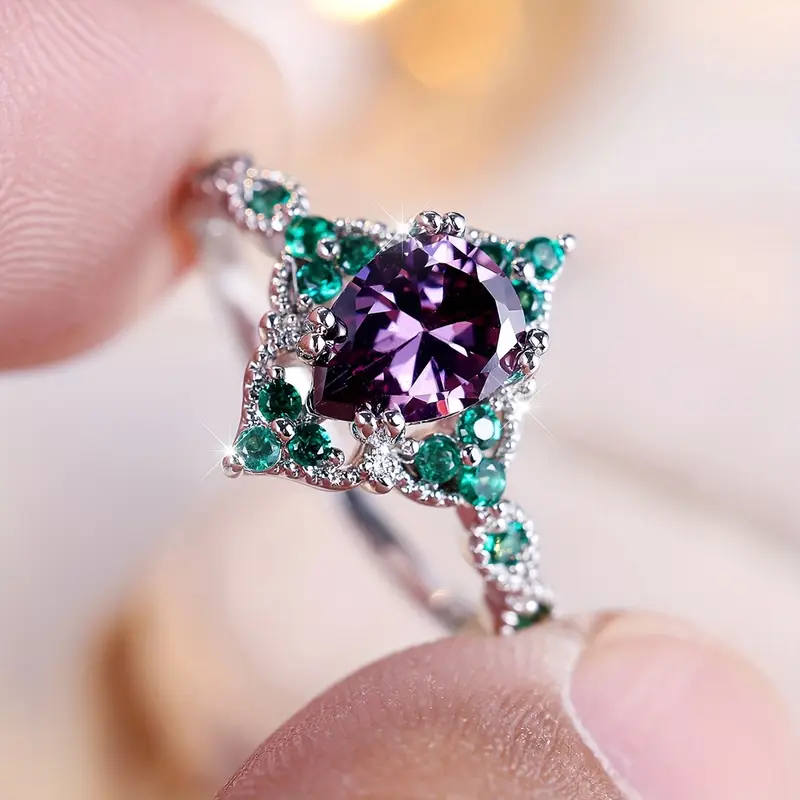 Green &amp; Violet Round Zirconia Silver Ring